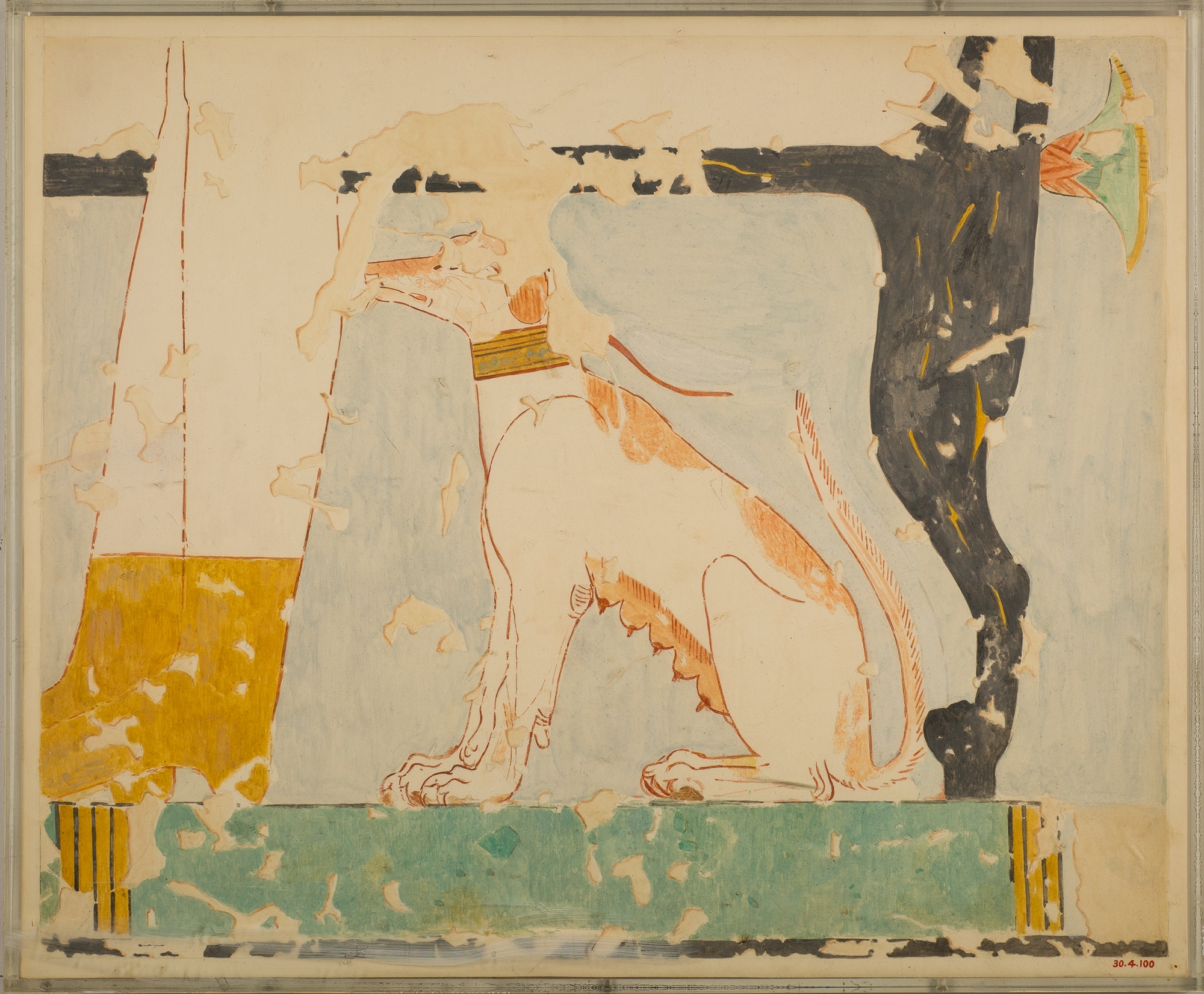 Facsimile of a painting in the tomb of Nebamun: dog seated beneath Its owner's chair