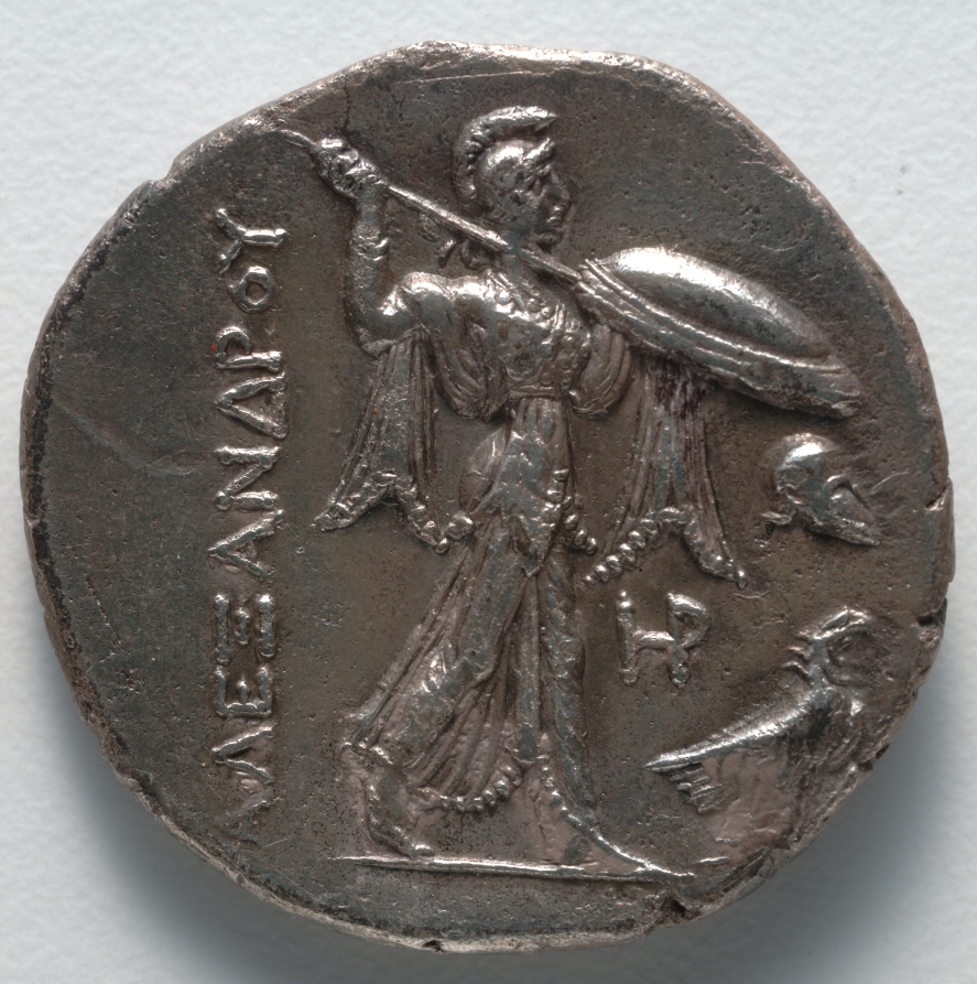 Tetradrachm: Athena Promachos, advancing right holding spear and shield; helmet and eagle right (reverse)