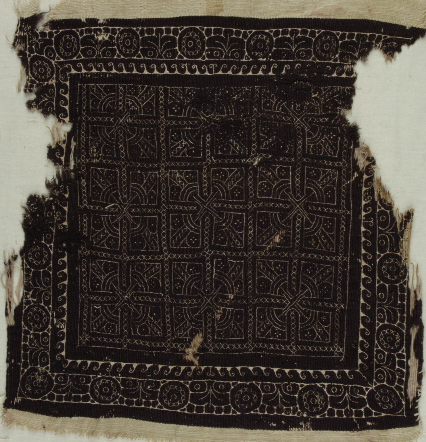 Square Fragment with Botanical and Geometric Decoration