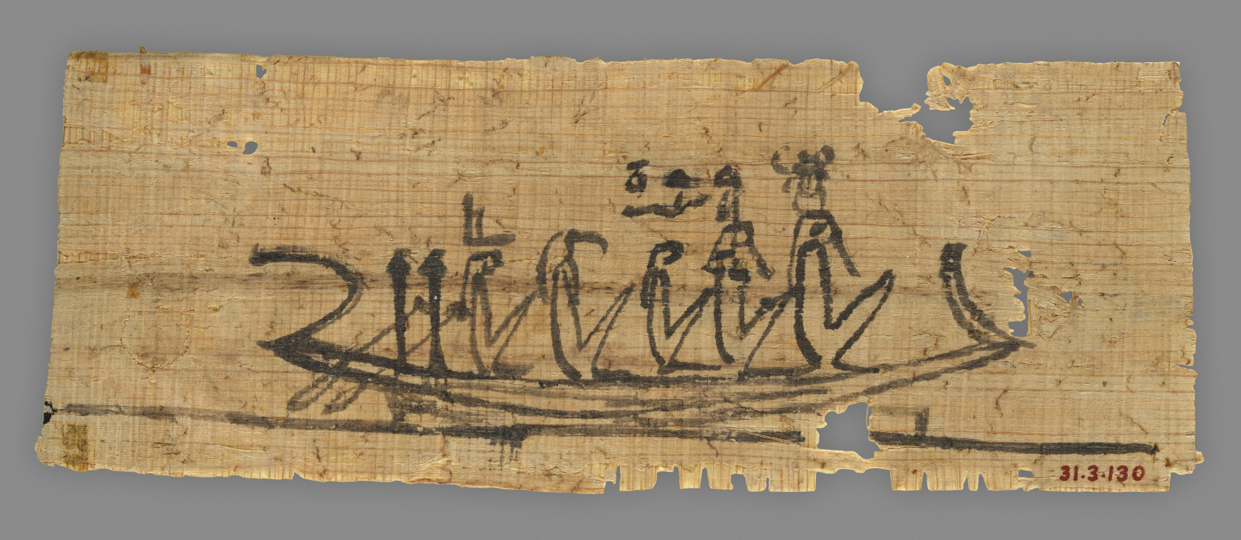 Papyrus fragment with a painting of Khepri, Shu, Tefnut, Thoth, and Isis in a solar boat