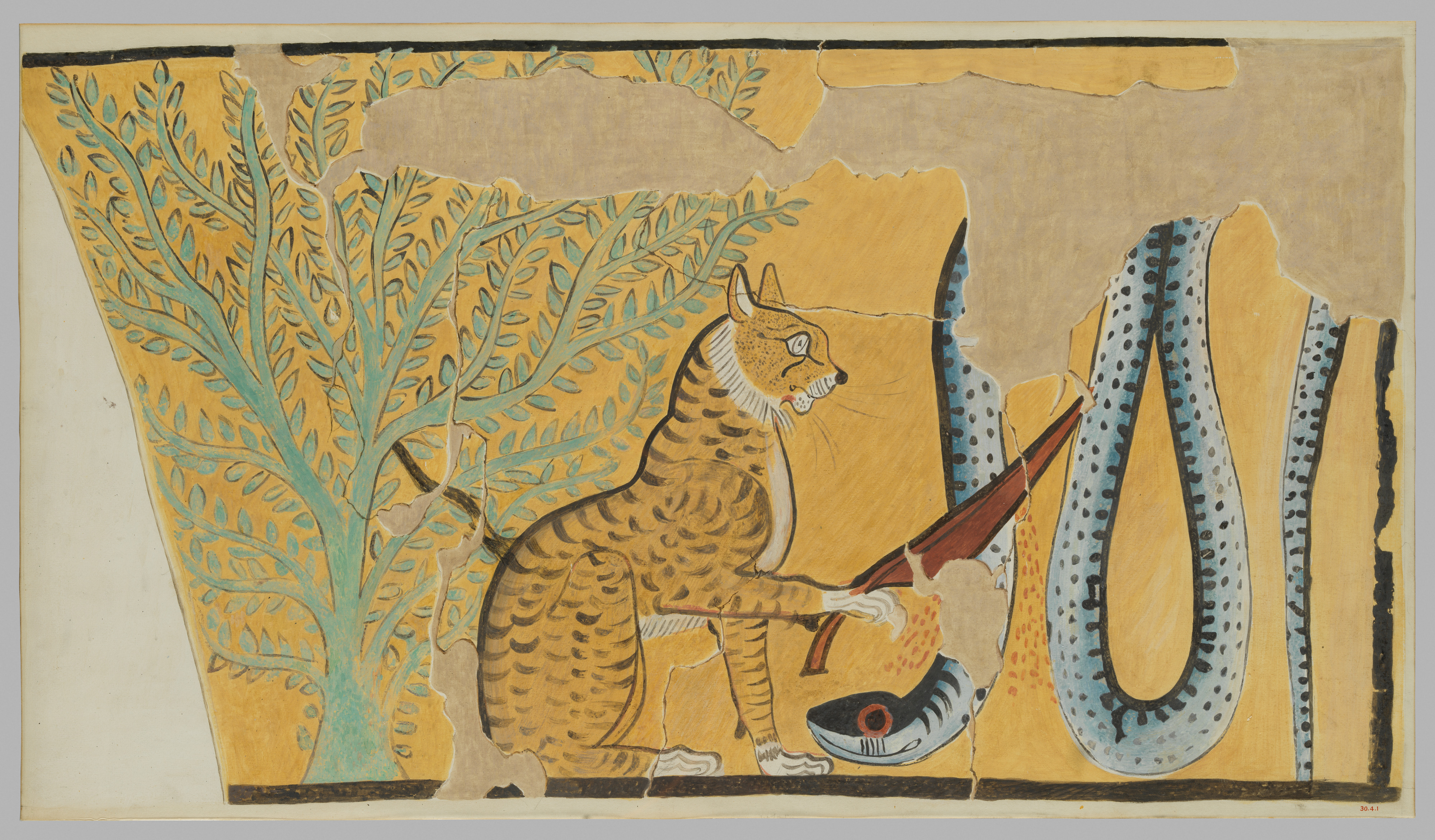 Wall painting of a cat killing a serpent